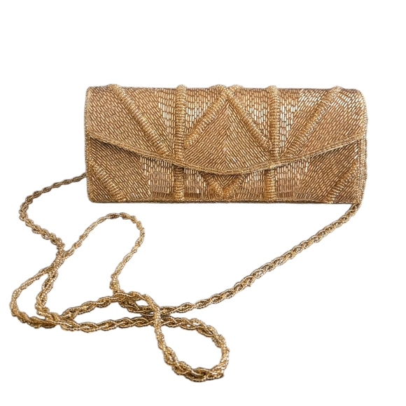 Vintage Bijoux 80'sTerner Fully Beaded Gold Clutch/ Shoulder Evening Bag - Picture 1 of 10